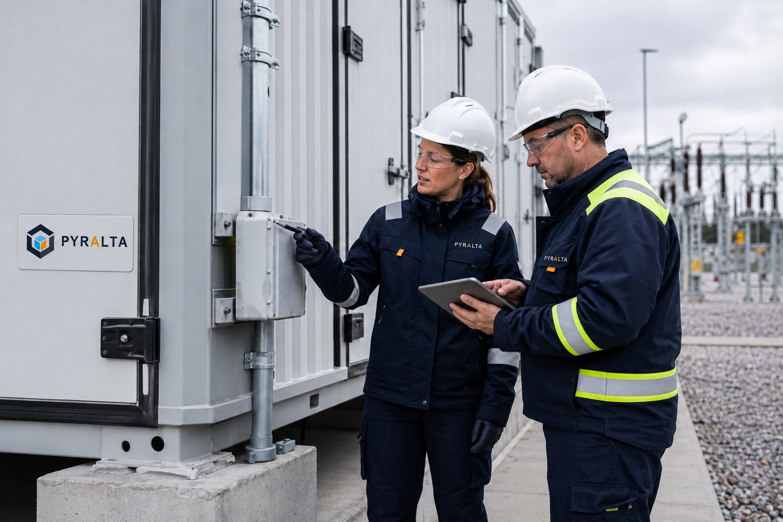 Pyralta engineers reviewing a containerised battery energy storage installation on site