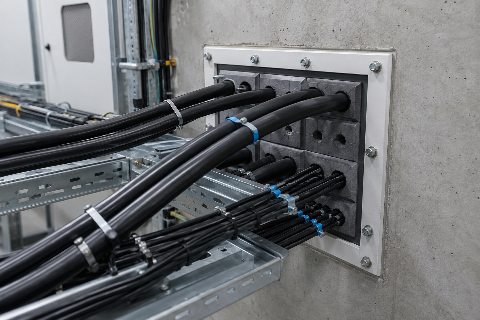 Fire-rated modular cable transit through a concrete BESS compartment wall