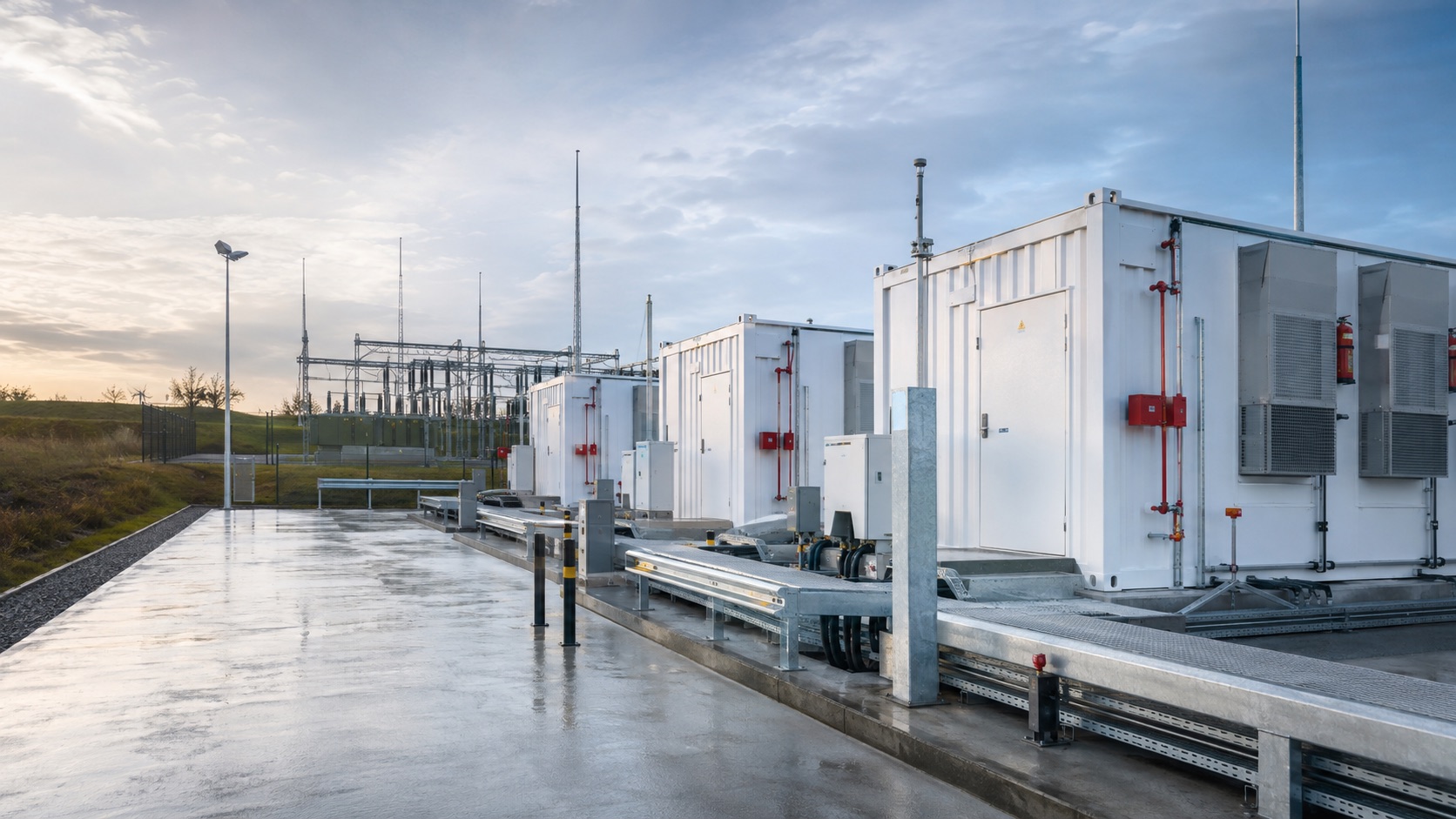 Modern containerised battery energy storage installation at a European power site